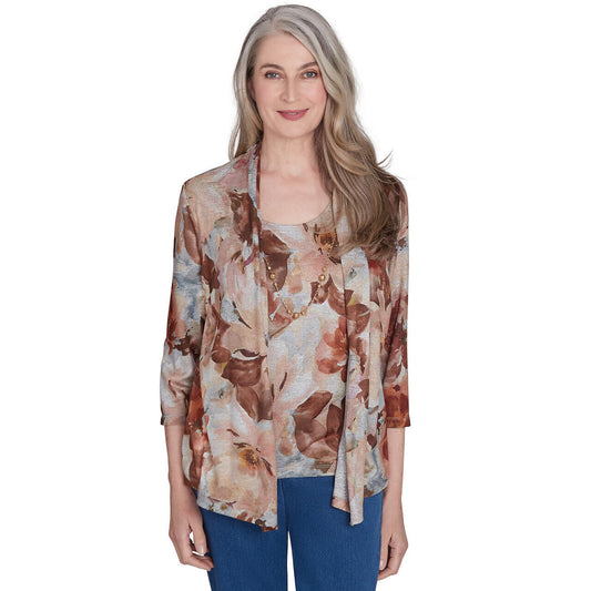 Alfred Dunner Women's Watercolor Floral Melange Two In One Top with Necklace