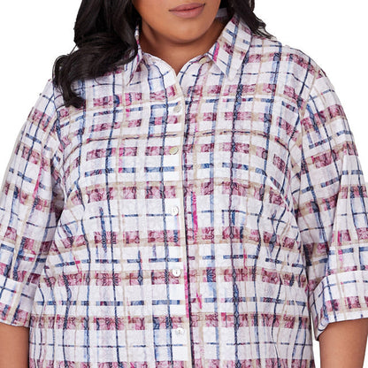 Alfred Dunner Women's Plaid Cuffed Sleeve Button Down Top