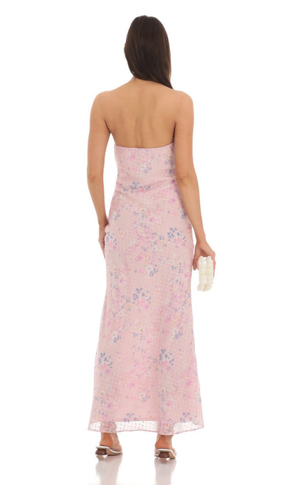 Lucy in the Sky Dotted Floral Strapless Maxi Dress in Pink