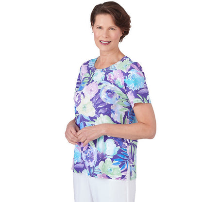 Alfred Dunner Women's Pleated Neck Floral Short Sleeve Tee