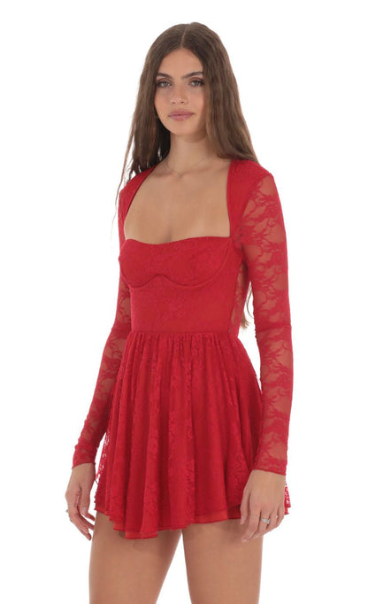 Lucy in the Sky Long Sleeve Lace A-line Dress in Red