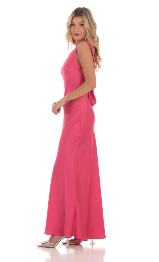 Lucy in the Sky Satin High Neck Open Back Maxi Dress in Magenta