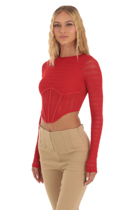 Lucy in the Sky Long Sleeve Corset Top in Red