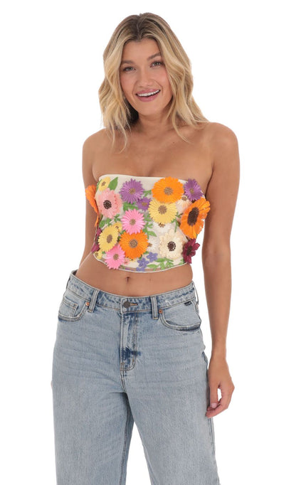 Lucy in the Sky 3-D Flower Strapless Top in Cream