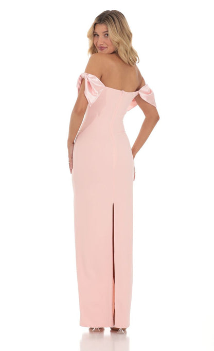 Lucy in the Sky Off Shoulder Bow Sleeve Maxi Dress in Pink