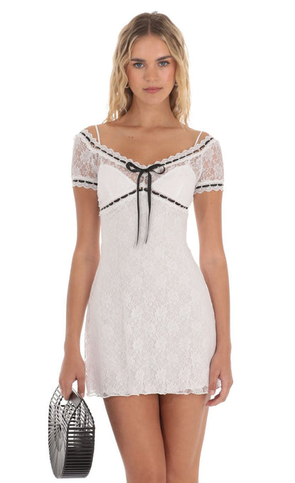 Lucy in the Sky Black Ribbon Lace Dress in White