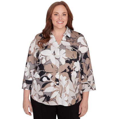 Alfred Dunner Women's Shadow Leaf Print Button Front Top