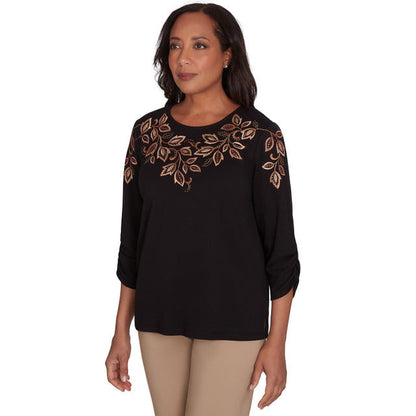 Alfred Dunner Women's Leaf Embroidered Ruched Sleeve Sweater