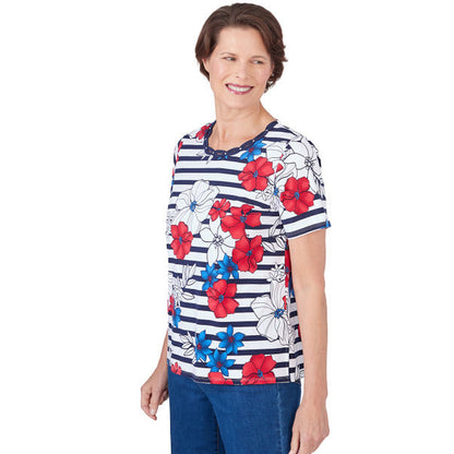 Alfred Dunner Women's Floral Stripe Braided Neck Tee