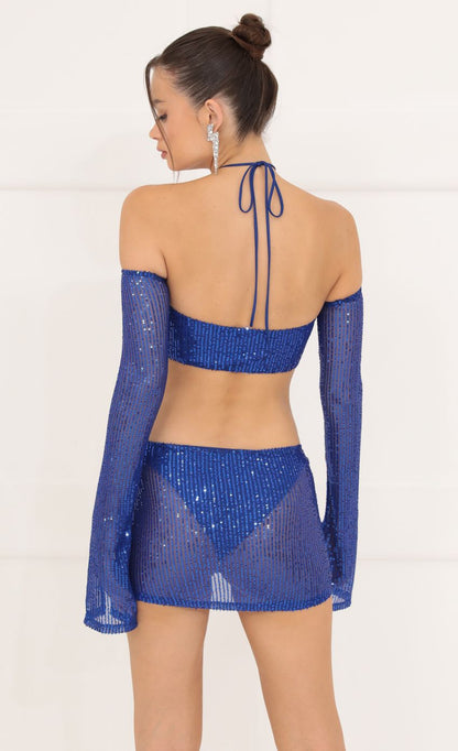 Lucy in the Sky Mesh Sequin Three Piece Set in Blue