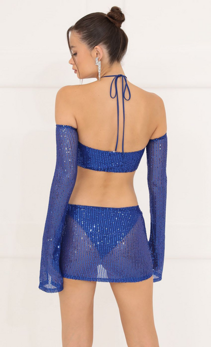 Lucy in the Sky Mesh Sequin Three Piece Set in Blue