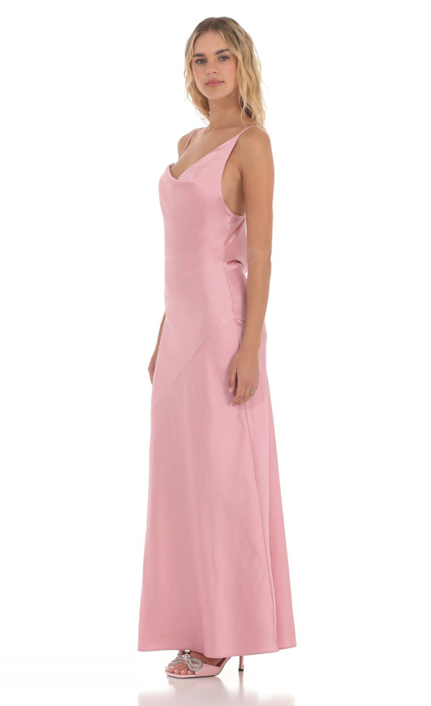 Lucy in the Sky Satin Asymmetrical Cowl Neck Maxi Dress in Pink