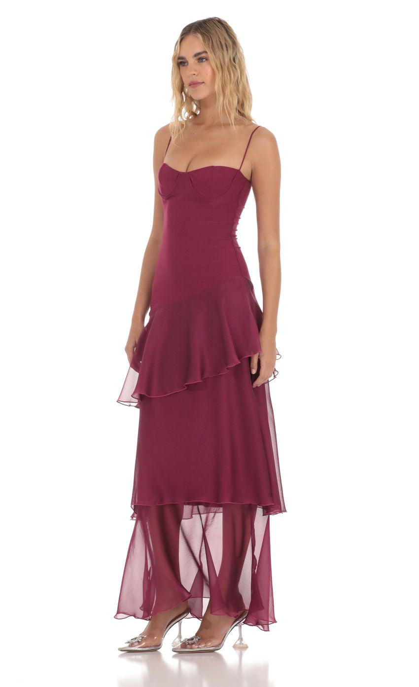 Lucy in the Sky Long Ruffle Maxi Dress in Plum