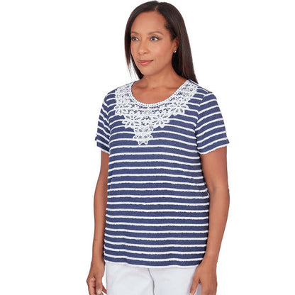 Alfred Dunner Women's Lace Neck Striped Split Hem Tee 2