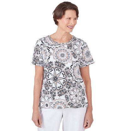 Alfred Dunner Women's Geo Medallion Short Sleeve Crew Neck Tee