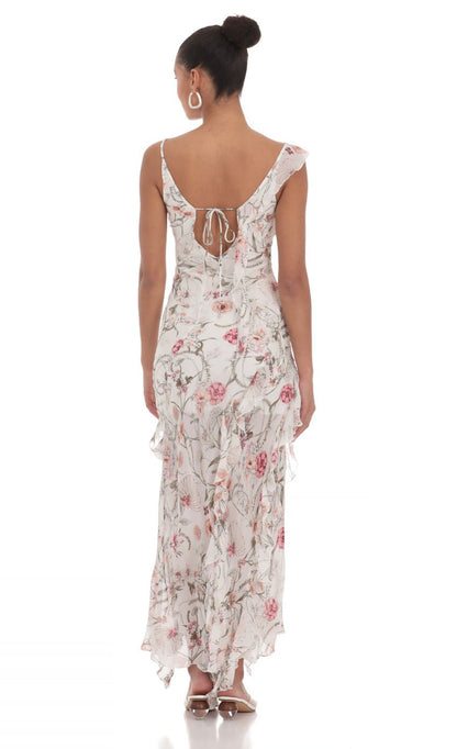 Lucy in the Sky Floral Chiffon Ruffle Maxi Dress in White