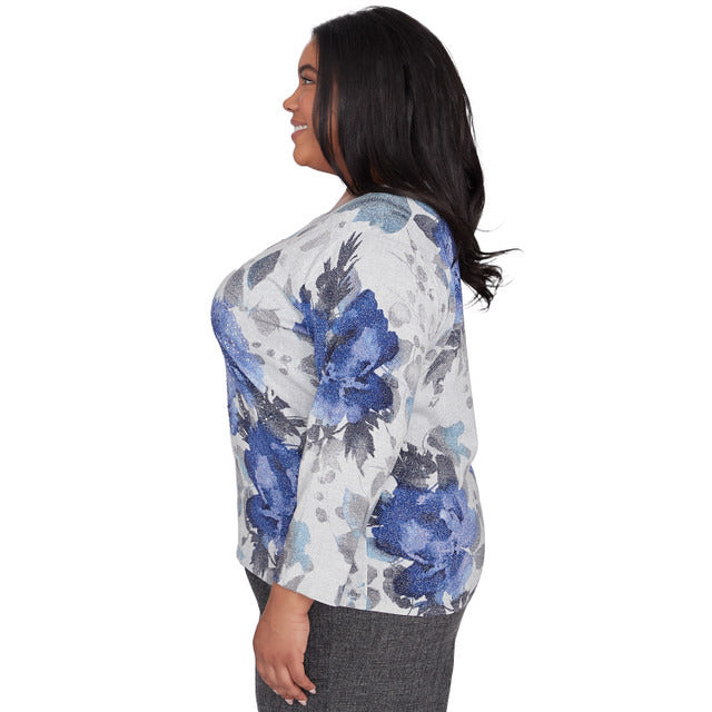 Alfred Dunner Women's Watercolor Floral Shimmer Crew Neck Sweater