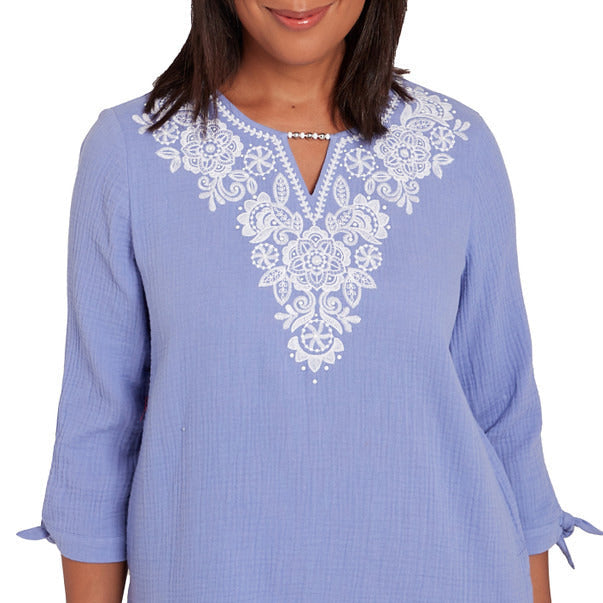 Alfred Dunner Women's Embroidered Top With Tie Sleeves