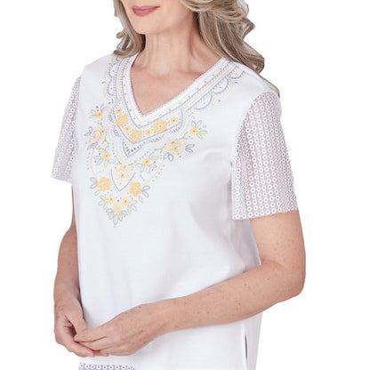 Alfred Dunner Women's Embroidered Top with Lace Sleeves