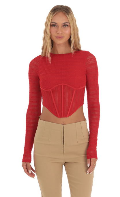 Lucy in the Sky Long Sleeve Corset Top in Red