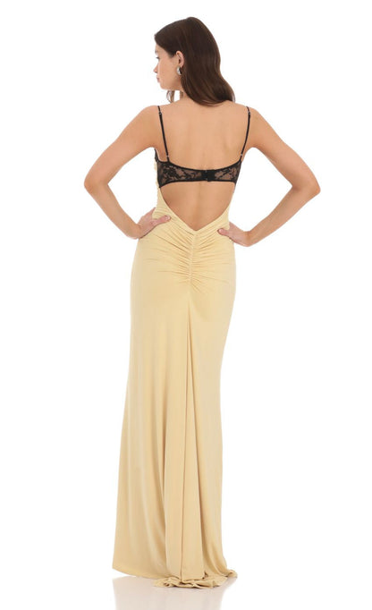 Lucy in the Sky Lace Bust Open Back Maxi Dress in Yellow