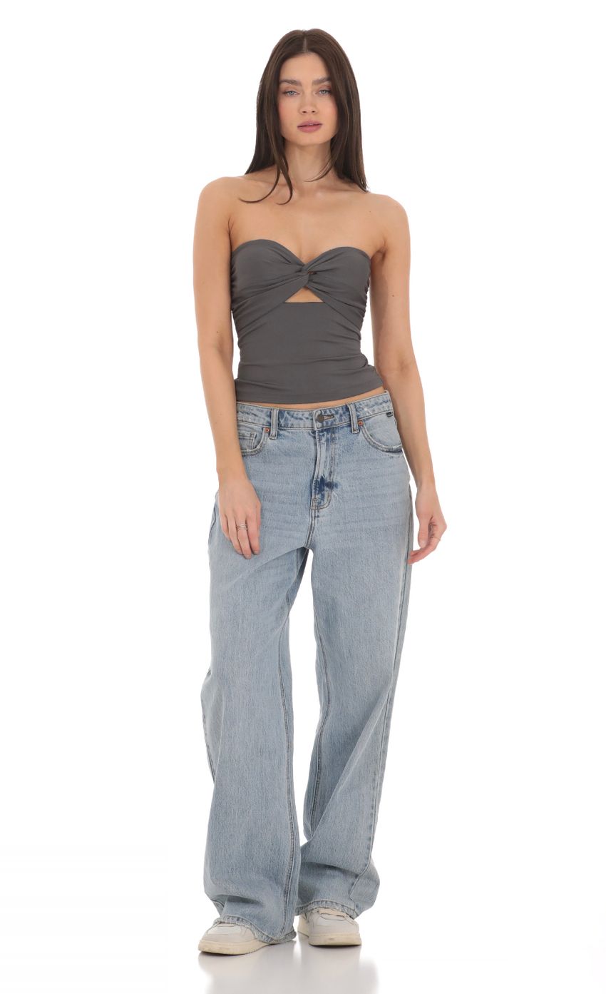 Lucy in the Sky Front Twist Strapless Top in Grey