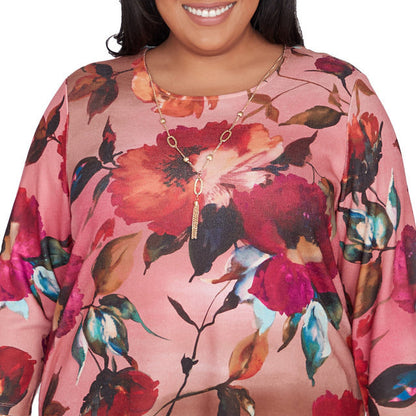 Alfred Dunner Women's Dramatic Floral Crew Neck Top with Necklace