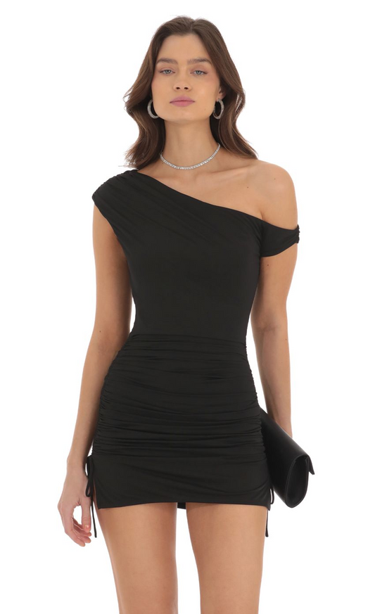 Lucy in the Sky Off Shoulder Ruched Bodycon Dress in Black