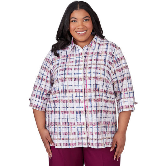 Alfred Dunner Women's Plaid Cuffed Sleeve Button Down Top