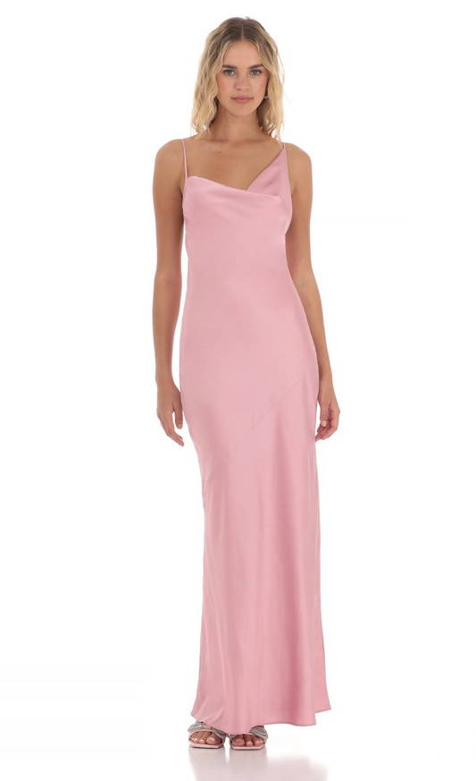 Lucy in the Sky Satin Asymmetrical Cowl Neck Maxi Dress in Pink