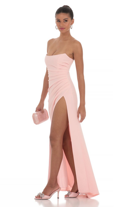 Lucy in the Sky Ruched Strapless Corset Maxi Dress in Pink