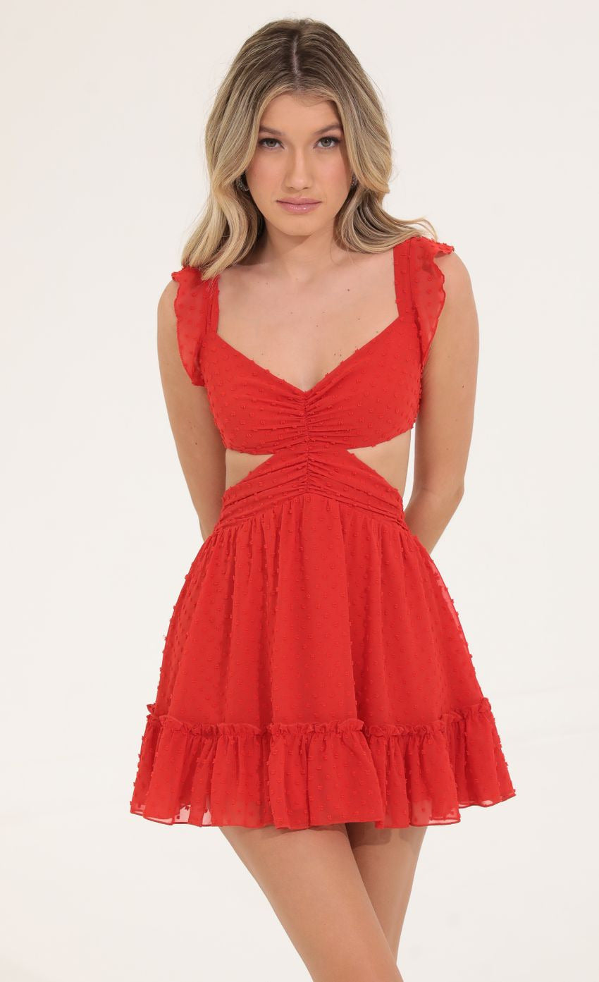 Lucy in the Sky Dotted Chiffon Ruffle Dress in Red