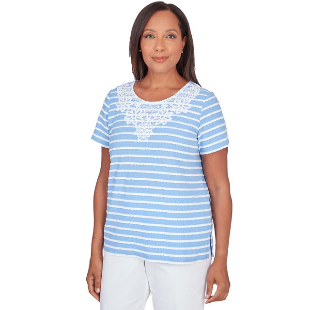 Alfred Dunner Women's Lace Neck Striped Split Hem Tee 1