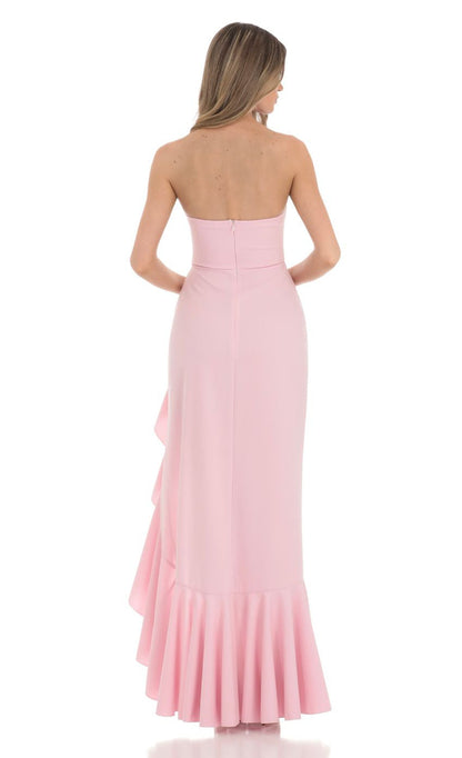 Lucy in the Sky Ruffle Slit Strapless Corset Maxi Dress