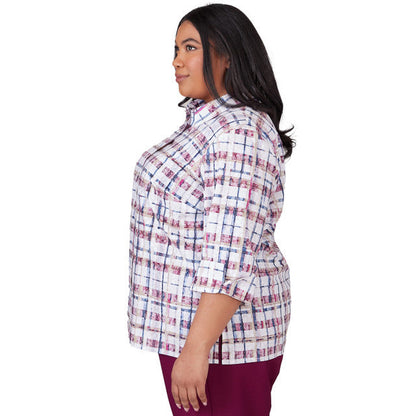 Alfred Dunner Women's Plaid Cuffed Sleeve Button Down Top