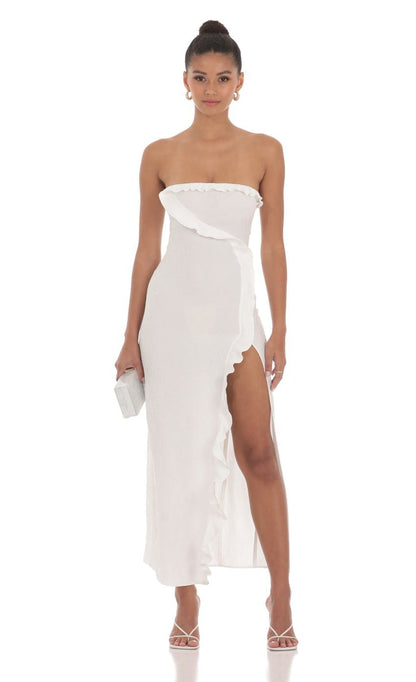 Lucy in the Sky Jacquard Strapless Maxi Dress in White