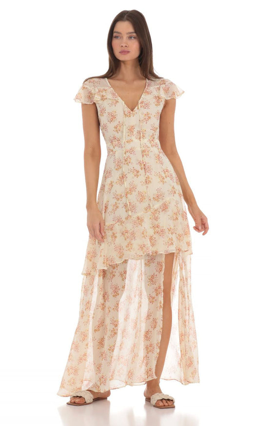 Lucy in the Sky Floral Shimmer Ruffle Dress in Yellow