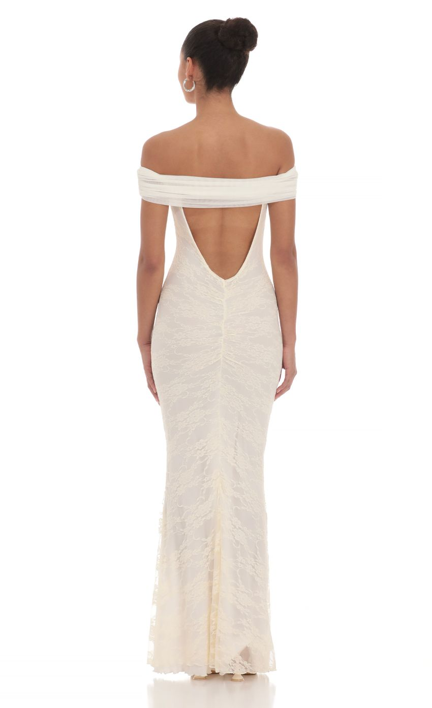 Lucy in the Sky Off Shoulder Sheer Lace Maxi Dress in Cream