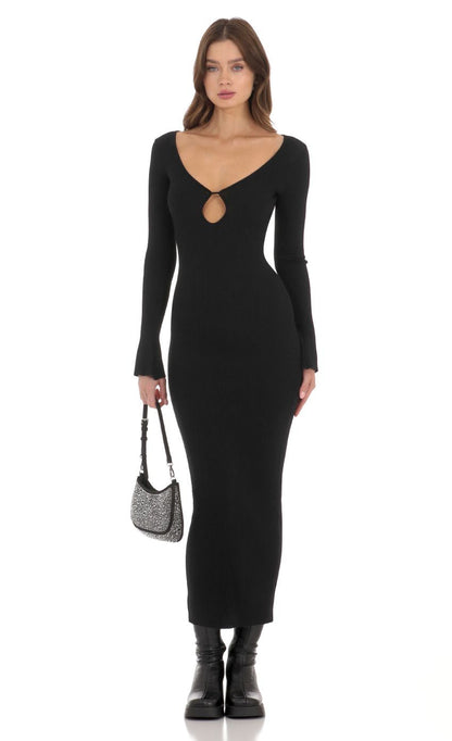 Lucy in the Sky Ribbed Cutout Dress in Black