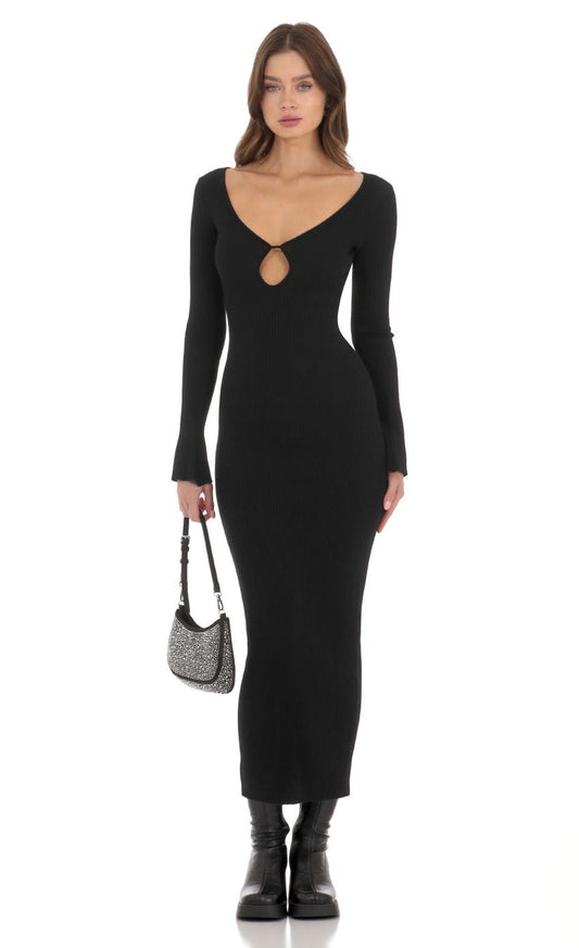 Lucy in the Sky Ribbed Cutout Dress in Black