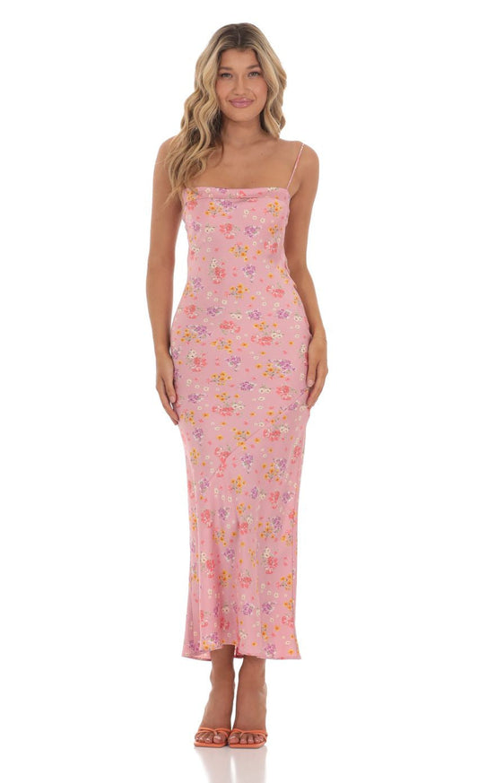 Lucy in the Sky Satin Floral Open Back Maxi Dress in Pink