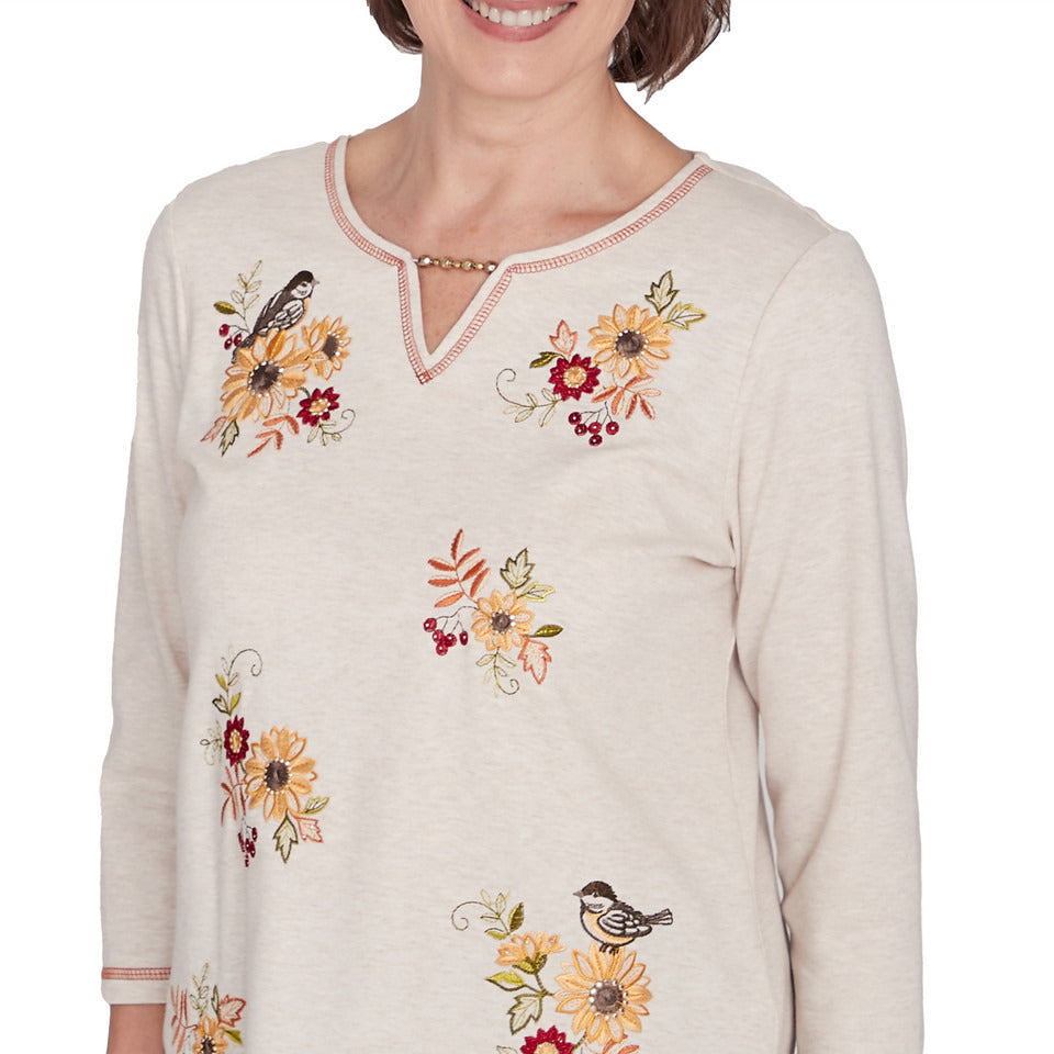 Alfred Dunner Women's Sunflowers And Birds Top