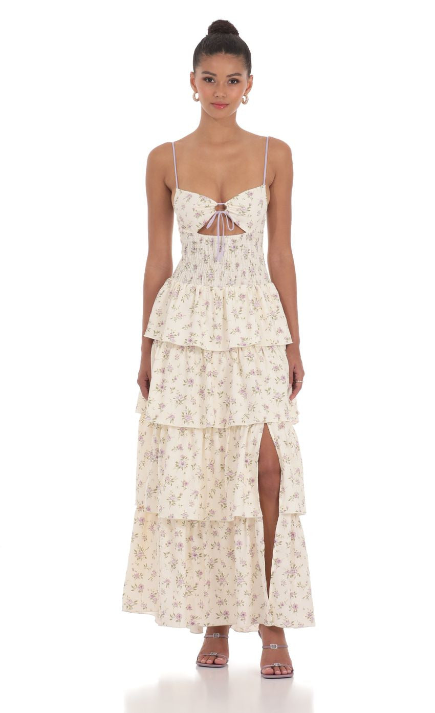 Lucy in the Sky Floral Cutout Ruffle Maxi Dress in Cream