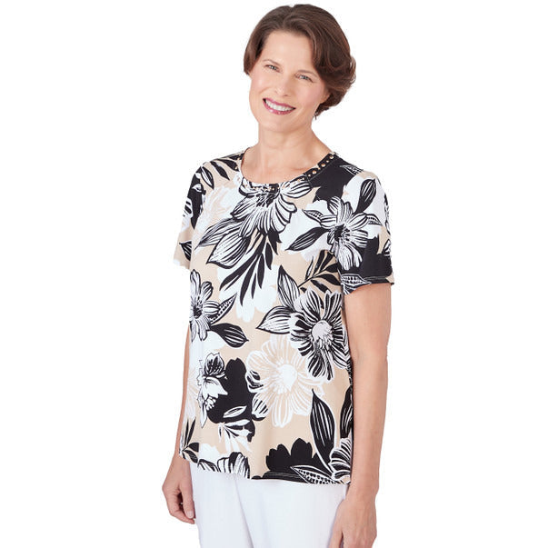 Alfred Dunner Women's Pleated Neck Bold Floral Short Sleeve Tee