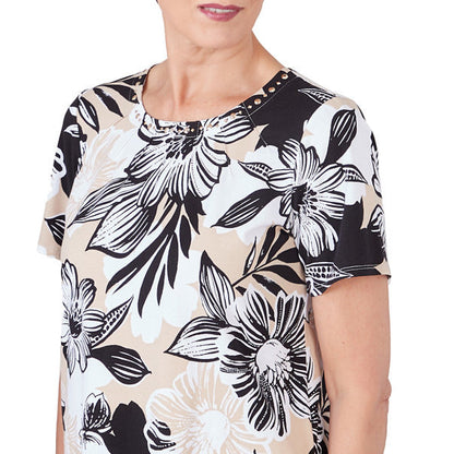 Alfred Dunner Women's Pleated Neck Bold Floral Short Sleeve Tee