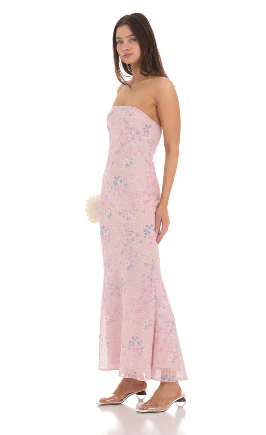 Lucy in the Sky Dotted Floral Strapless Maxi Dress in Pink