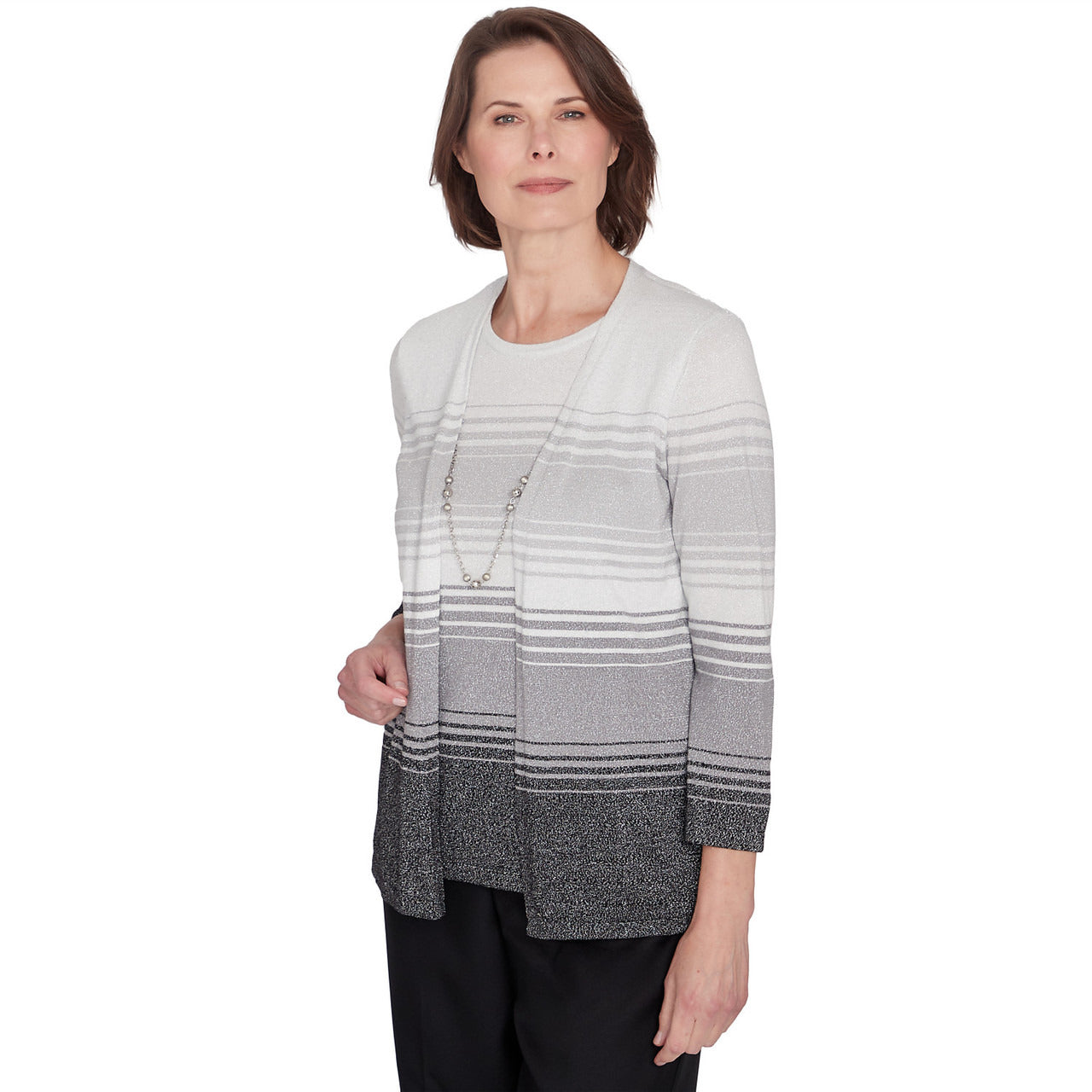 Alfred Dunner Women's Ombre Two In One Striped Sweater with Necklace