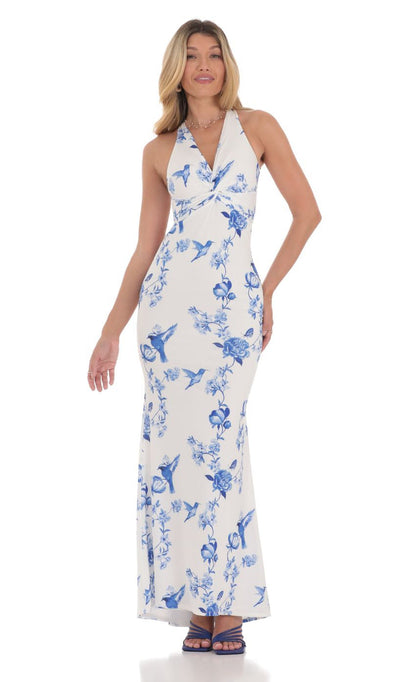 Lucy in the Sky Floral Front Twist Maxi Dress in White