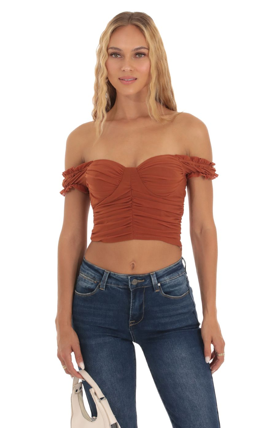 Lucy in the Sky Mesh Off Shoulder Top in Rust