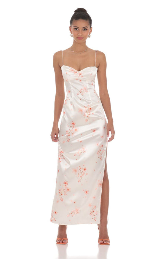 Lucy in the Sky Satin Floral Cinched Maxi Dress